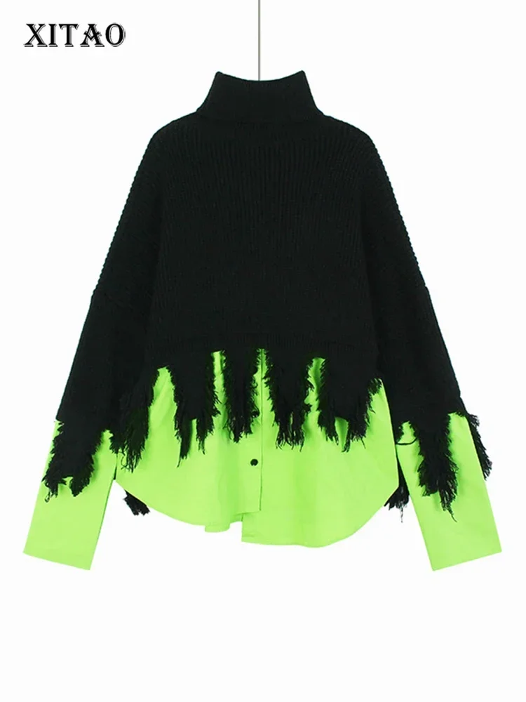 XITAO Ложный свитер из двух частей Личность Мода Вязание Пэчворк Женщины Топ 223 Осень Зима Новый Водолазка Свитер ZY8625