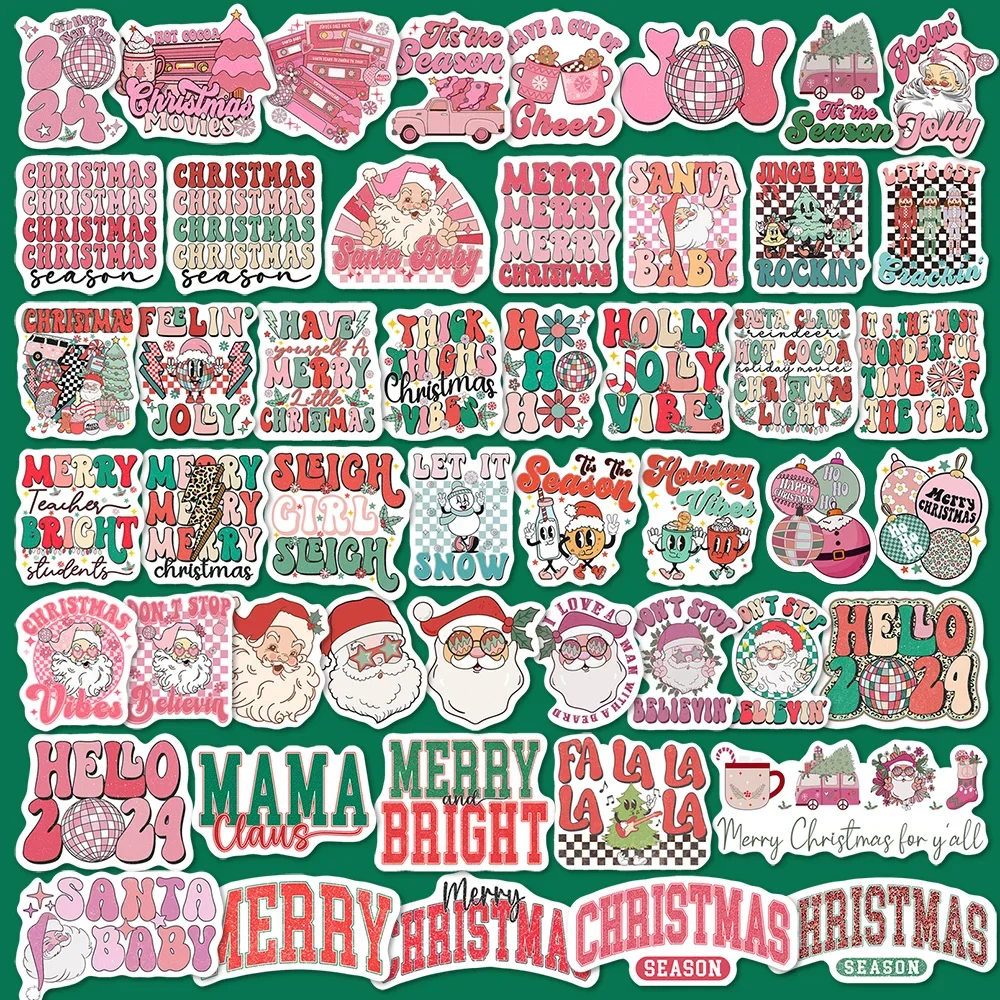 YBYAO 50 шт. Винтаж Розовая рождественская наклейка Санта-Клаус Снеговик 2024 НОВИНКА Водонепроницаемые наклейки Наклейки для ноутбука Материал для скрапбукинга