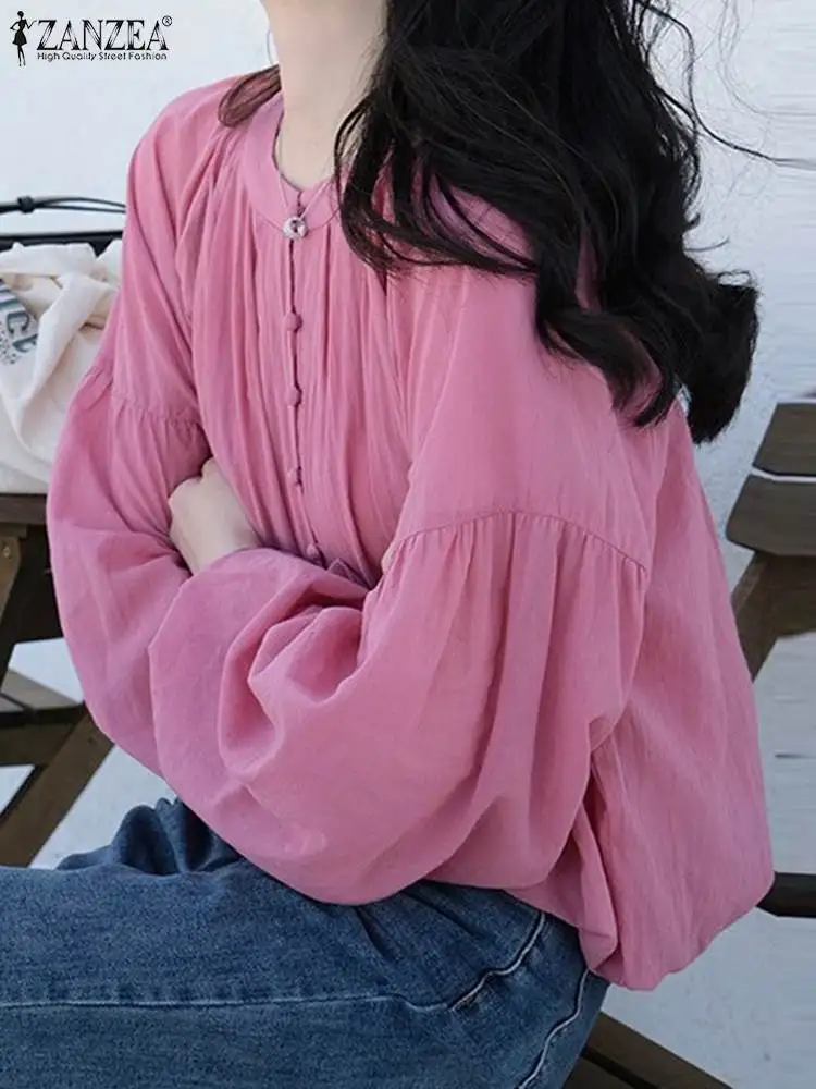 ZANZEA Женская блузка с длинным рукавом-фонарем Корейские винтажные топы Модная текстурная ткань рубашка 2023 Осенняя повседневная праздничная туника с круглым вырезом