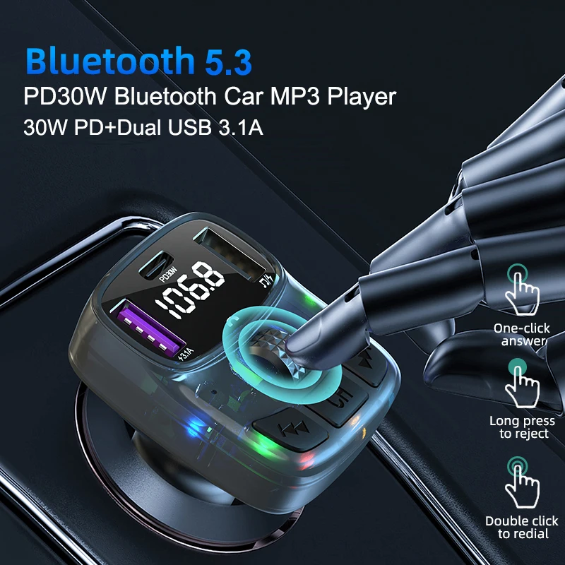 Авто Bluetooth 5.3 FM Передатчик PD 30 Вт Type-C Двойной USB 4.2A Быстрое зарядное устройство Окружающее освещение Громкая связь Радиомодулятор MP3 Плеер