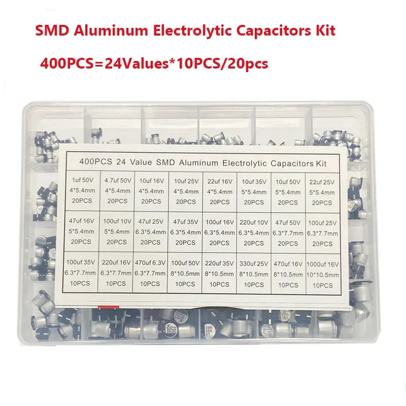 Алюминиевые электролитические конденсаторы SMD Ассортиментный комплект 400 шт. 24 значения SMD 1 мкФ ~ 1000 мкФ 6,3 В-50 В 24 значения с коробкой