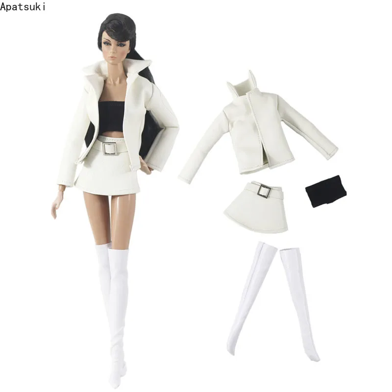 Белый кожаный кукольный набор одежды для нарядов Барби Модное пальто Куртка Тренч Топ Юбка Носки для Барби 1/6 Аксессуары для куклы