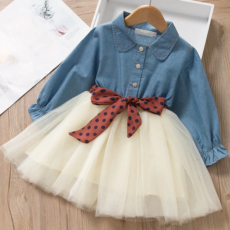 Весеннее и осеннее платье для девочек Корейская джинсовая юбка из сетки в стиле пэчворк + съемное платье с поясом в горошек