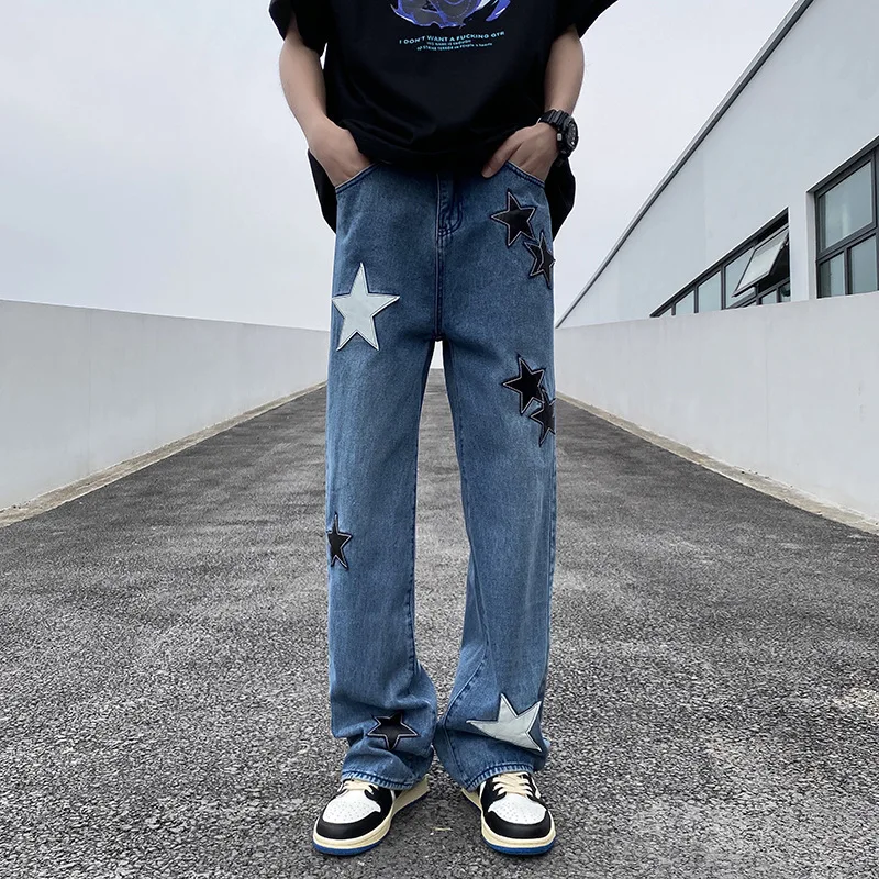 Весна новый пятиугольный дизайн принта универсальный унисекс унисекс с прямыми ногами мужские и женские супер горячие корейские трендовые свободные джинсы