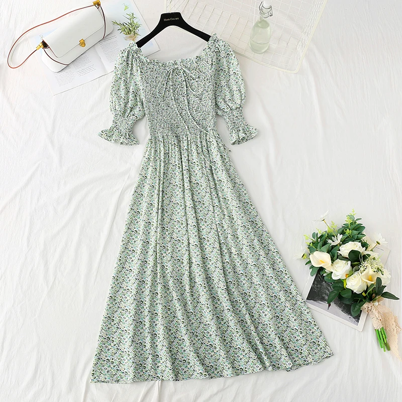 Винтажное женское платье с цветочным принтом, элегантное шифоновое платье с оборками, длинное платье с коротким рукавом и V-образным вырезом, 2021 новые летние платья