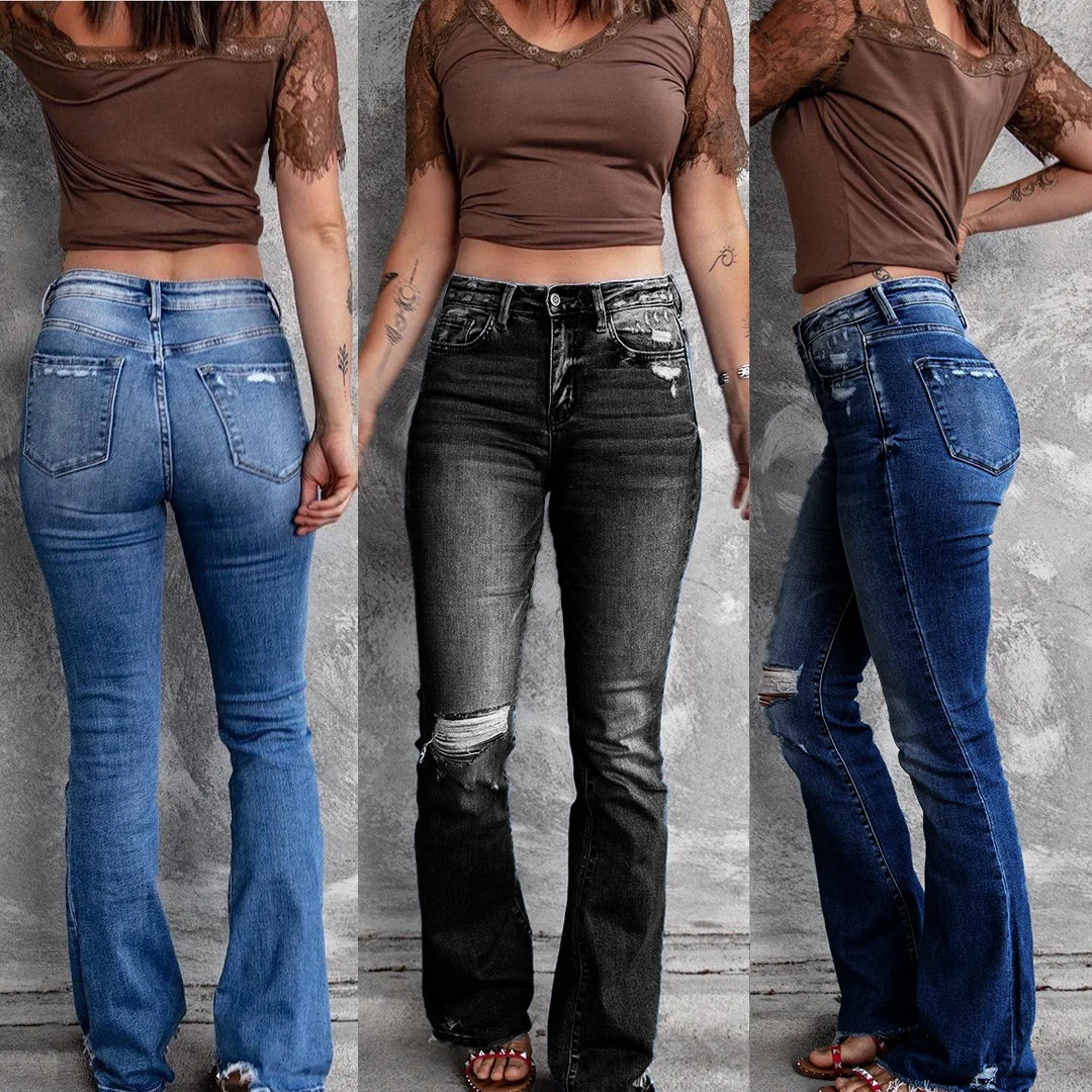 Винтажные потертые узкие джинсы с высокой талией и расклешенными штанинами Синие джинсы для женщин Джинсы Slouchy Baggy Jeans