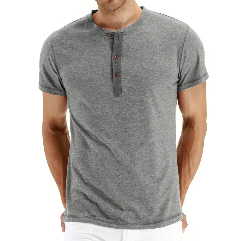  Высокое качество Летние футболки Henley Мужские повседневные футболки с коротким рукавом Пуловер Топы Однотонная мода Уличная одежда Мужская одежда