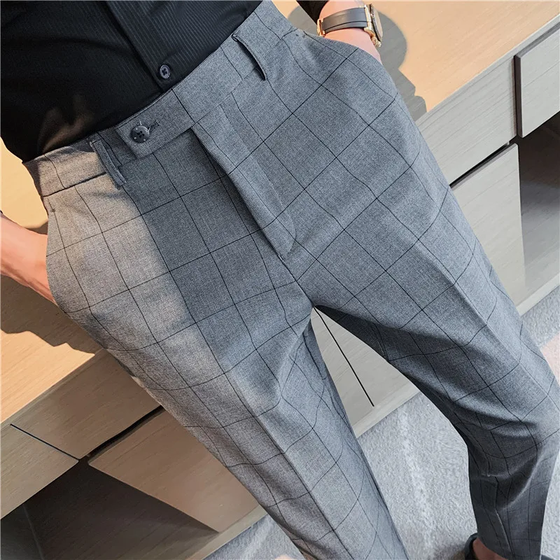 Высококачественные корейские изысканные мужские брюки в тонкий повседневный костюм в клетку весенние мужские деловые брюки для социальных костюмов мужские брюки для вечеринок