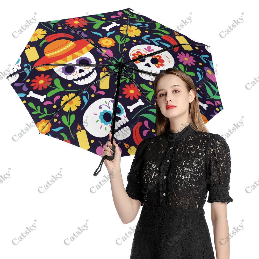 День мертвых Череп Зонтик Дождь Женщины 3-Складной Полностью Автоматический Зонтик Защита от солнца На открытом воздухе Инструмент для путешествий Parapluie
