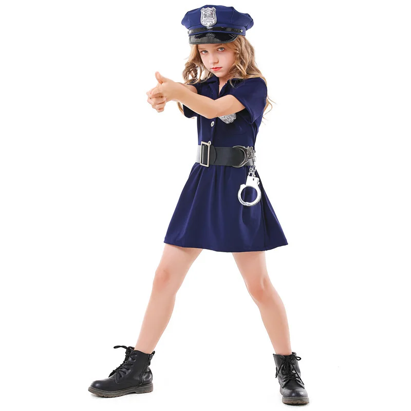 Дети Девочки Полицейский Платье Полицейские Полицейский Пуговица Платье Ремень Шляпа Набор Дети Хэллоуин Полицейский Косплей Полиция Ролевая Игра Наряд