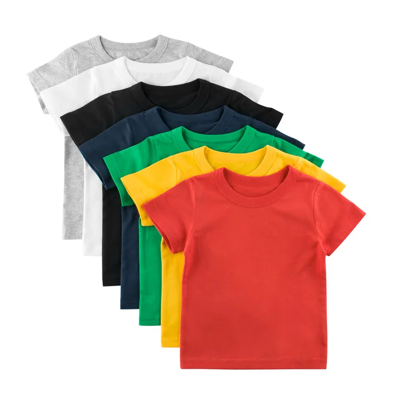 Детская одежда Лето 1-8Y Однотонная футболка с коротким рукавом и круглым вырезом Топы 100% хлопок Детский наряд для мальчика и девочки