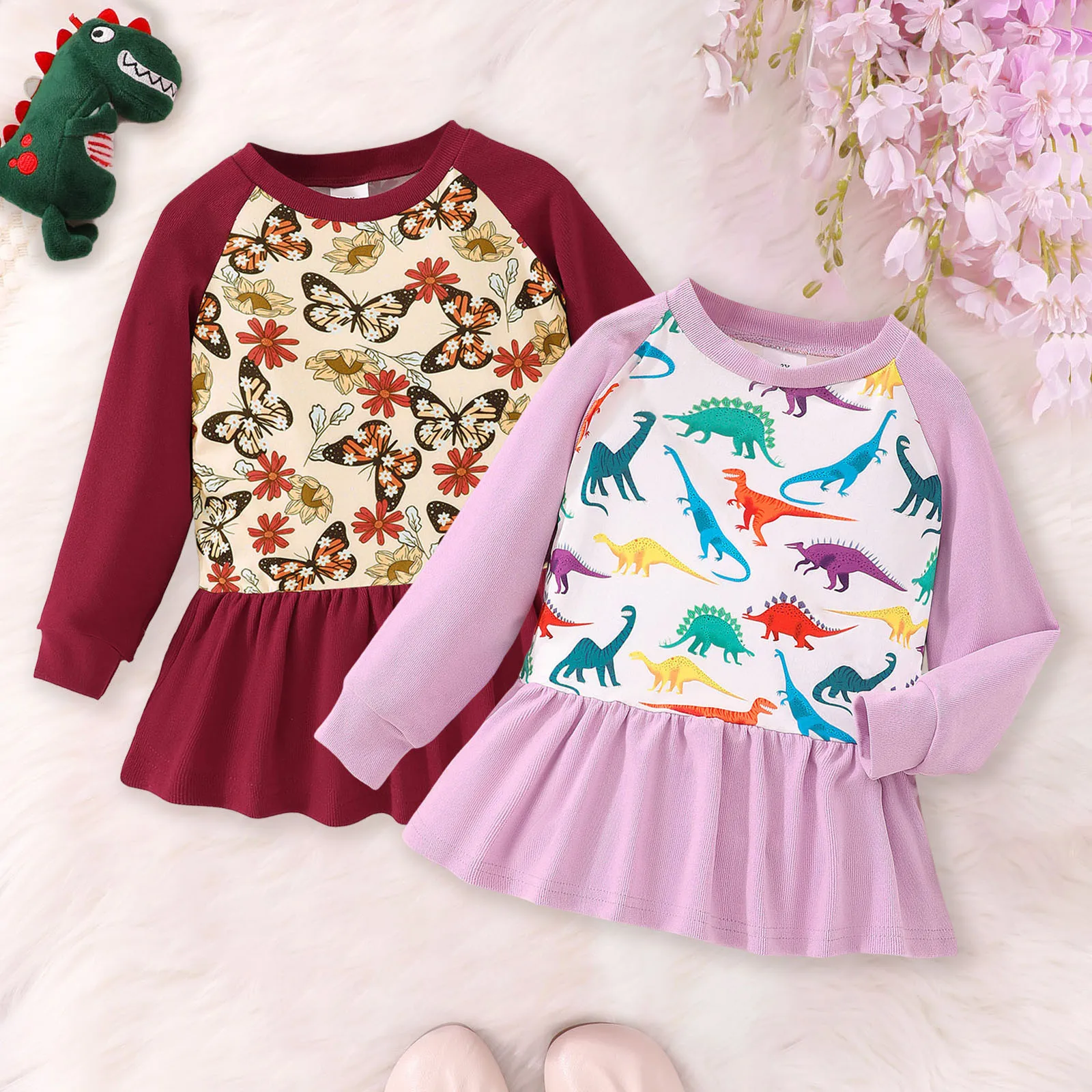 Детские платья принцессы для осени и весны с длинным рукавом бабочка динозавр принты детский костюм день рождения малыш детские платья
