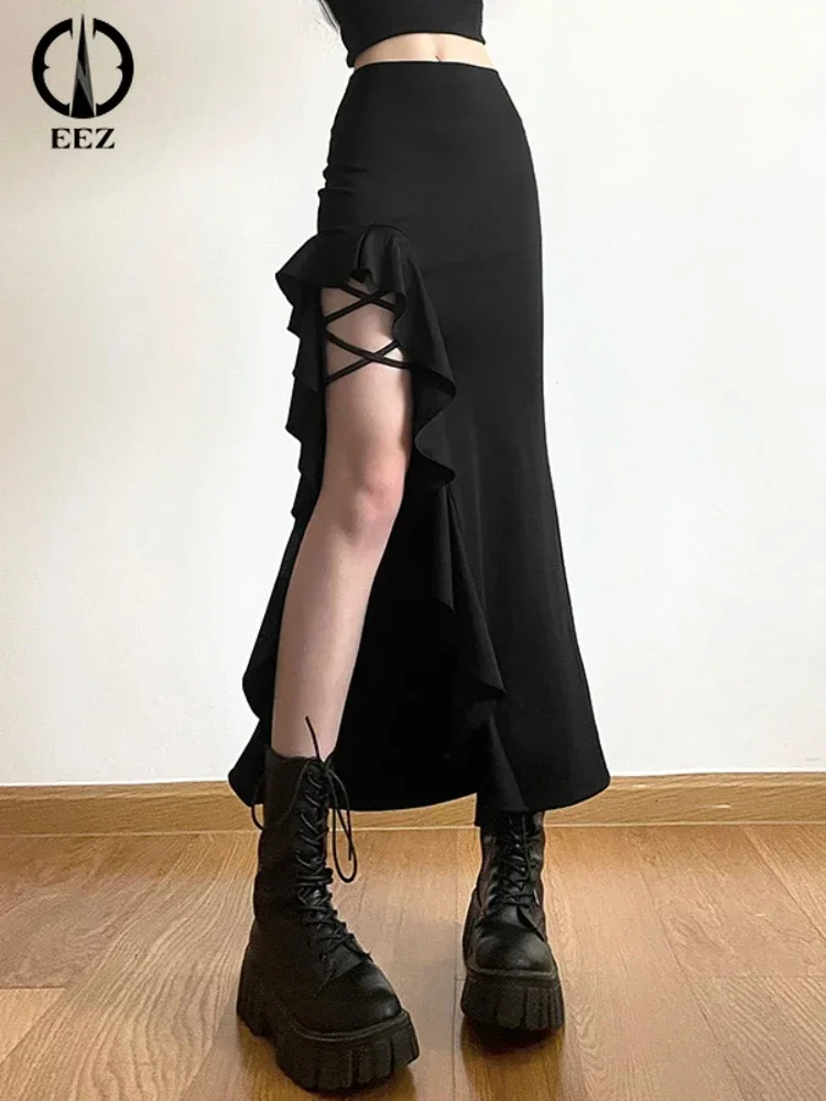 Женская ретро тонкая черная юбка миди с оборками с разрезом и расклешенной юбкой миди Таинственный хай-стрит тренд зрелая крутая девушка с высокой талией бандаж юбка