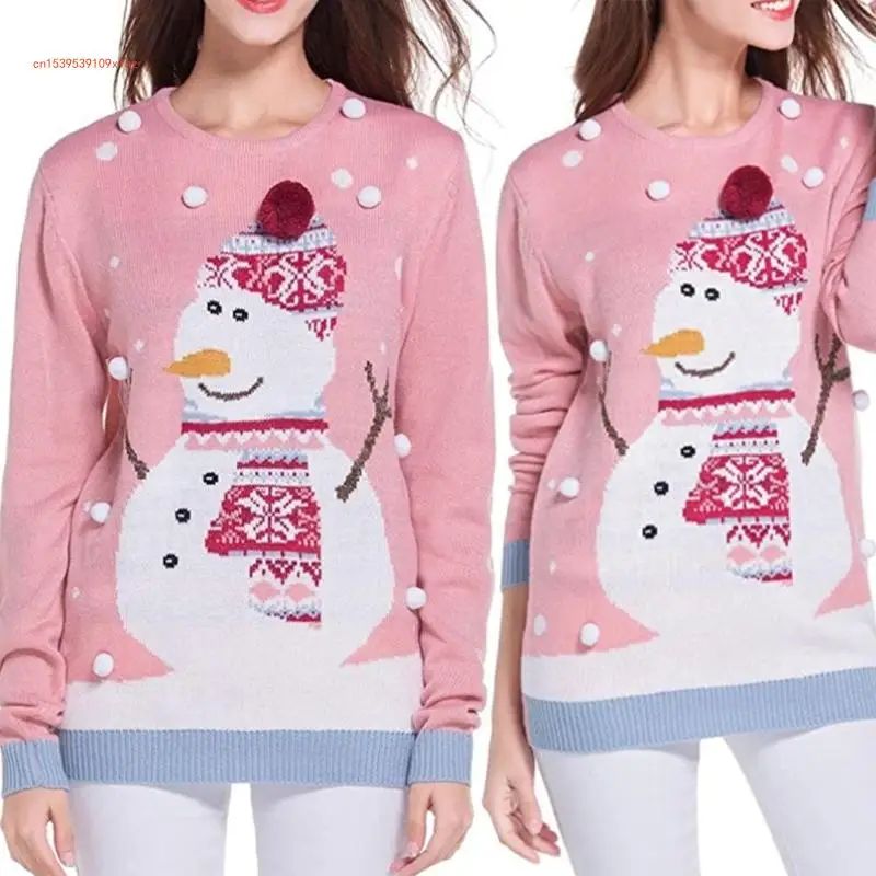 Женская рождественская трикотажная рубашка Осень-зима с длинным рукавом и о-образным вырезом Свитер Топы