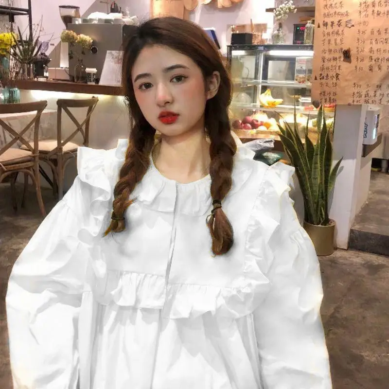 Женские блузки Harajuku Kawaii Рубашки Японский Корейский стиль Белый Оверсайз Элегантные женские блузки Топ с длинным рукавом Повседневные