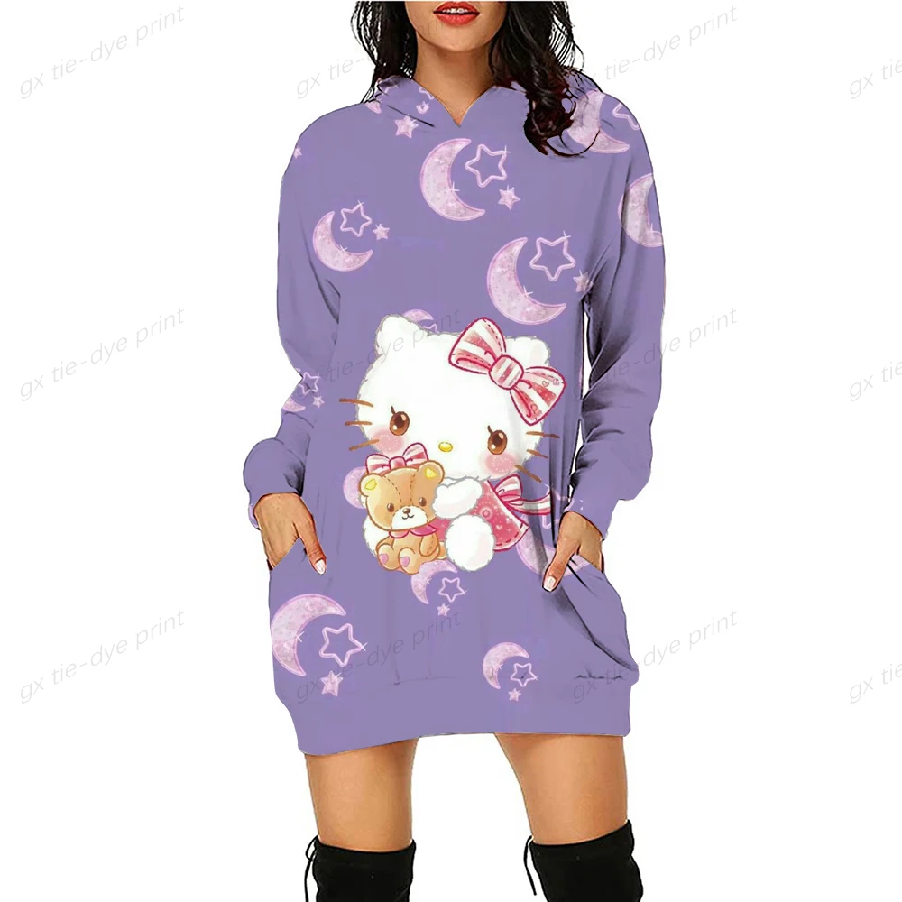 Женские длинные толстовки Осень-зима Свободные толстовки с капюшоном Повседневная толстовка оверсайз Hello Kitty Пуловеры Платье 9 цветов S-5XL