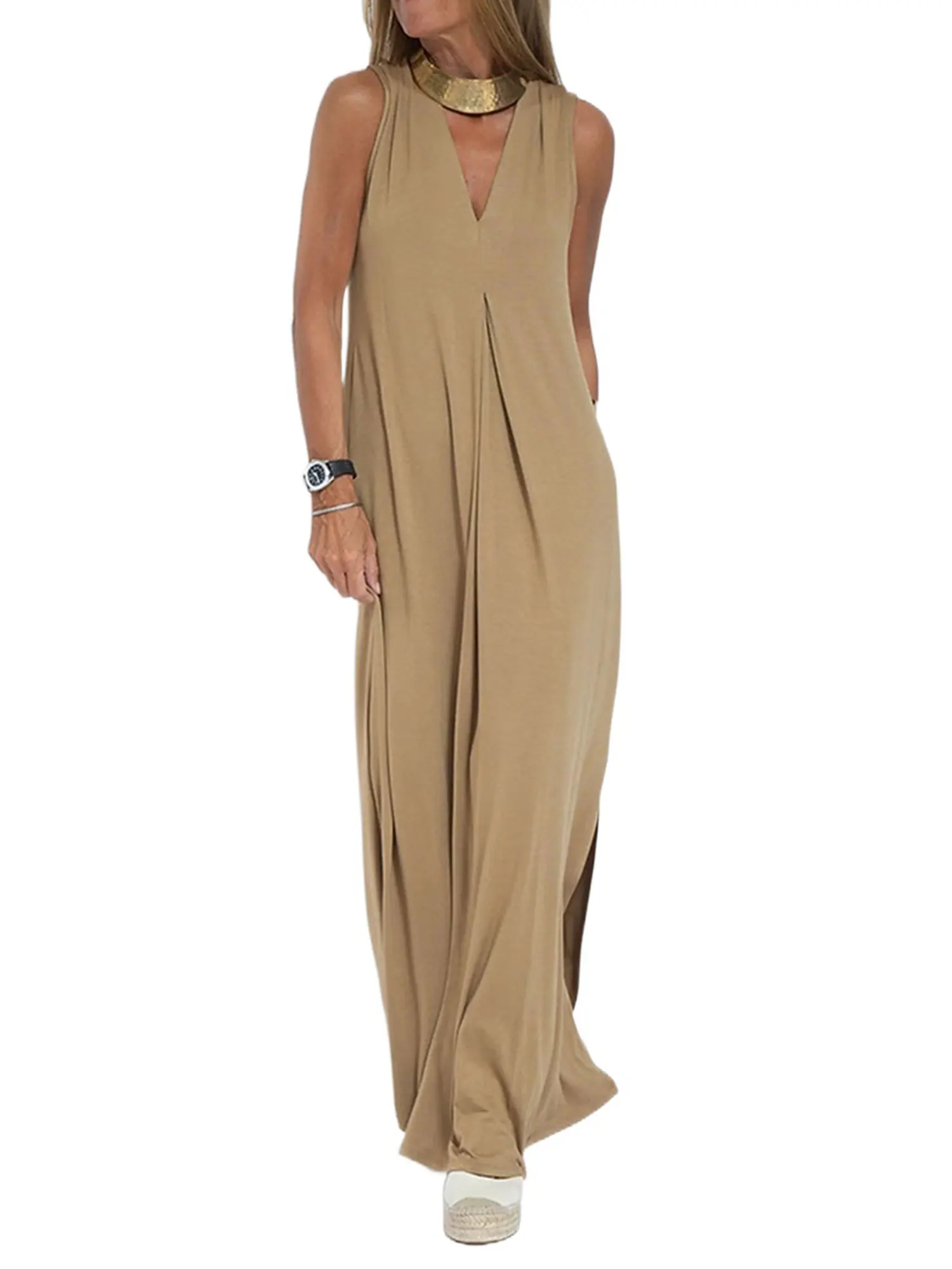 Женское элегантное макси-платье без рукавов V-образным вырезом однотонный сплит пляж качели сарафан для летней повседневной одежды