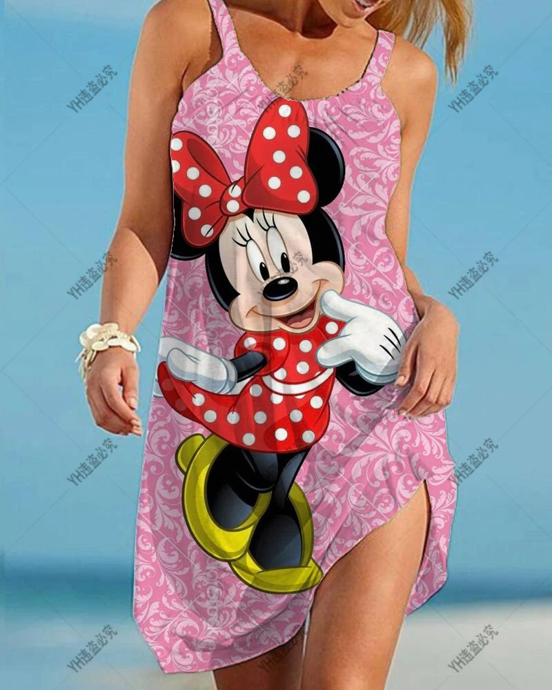 Женское элегантное платье Минни Маус 2023 Лето на бретелях Женское свободное пляжное сексуальное Микки Мультфильм Без рукавов Disney Print