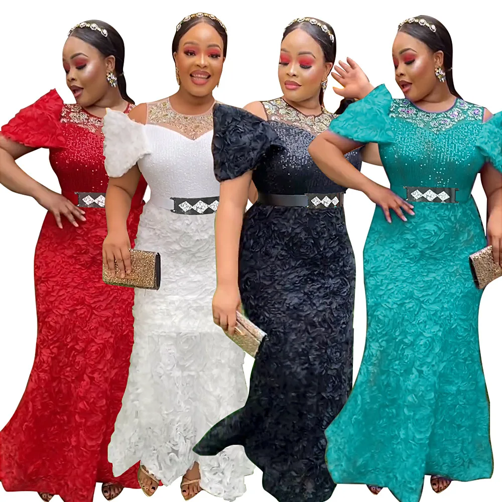 Женщины Африканские платья Сетчатое платье для вечеринок с коротким рукавом Великолепное сплошной пояс Бусины Обертывание ягодиц Vestidos Длина до пола Slim Fit