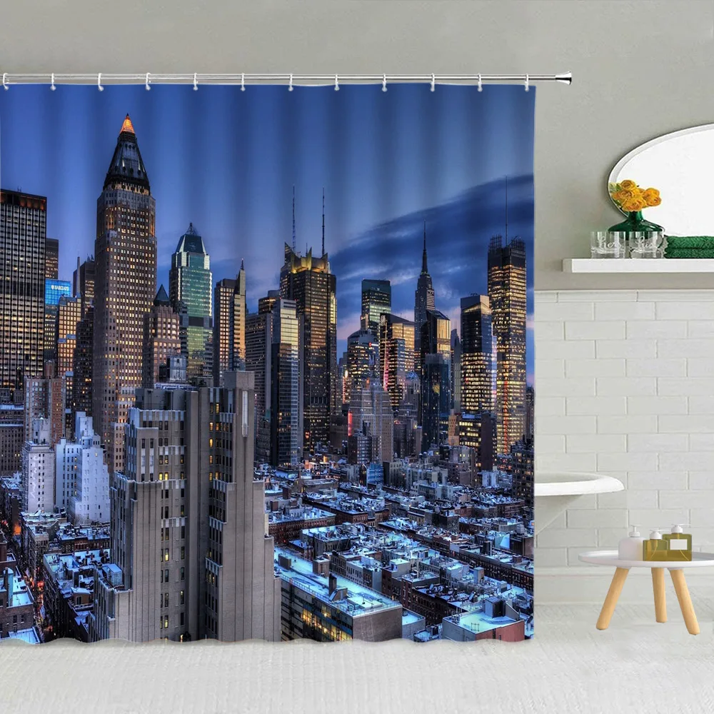 Занавеска для душа с видом на городскую архитектуру, Нью-Йоркский Всемирный торговый центр Оформление ванной комнаты с ночным видом