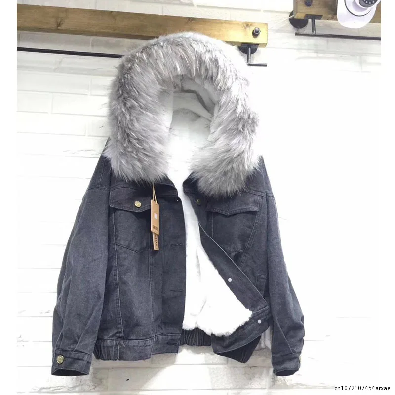 Зимние женские джинсовые куртки Меховой воротник плюс теплая парка верхняя одежда женская кашемировая хлопковая шуба девушка модная джинсовая куртка пальто
