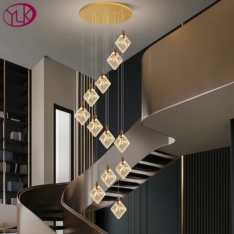 Золотая современная хрустальная люстра для лестницы, длинная спираль, золотая хрустальная лампа, большая гостиная, вестибюль, холл, светодиодный светильник