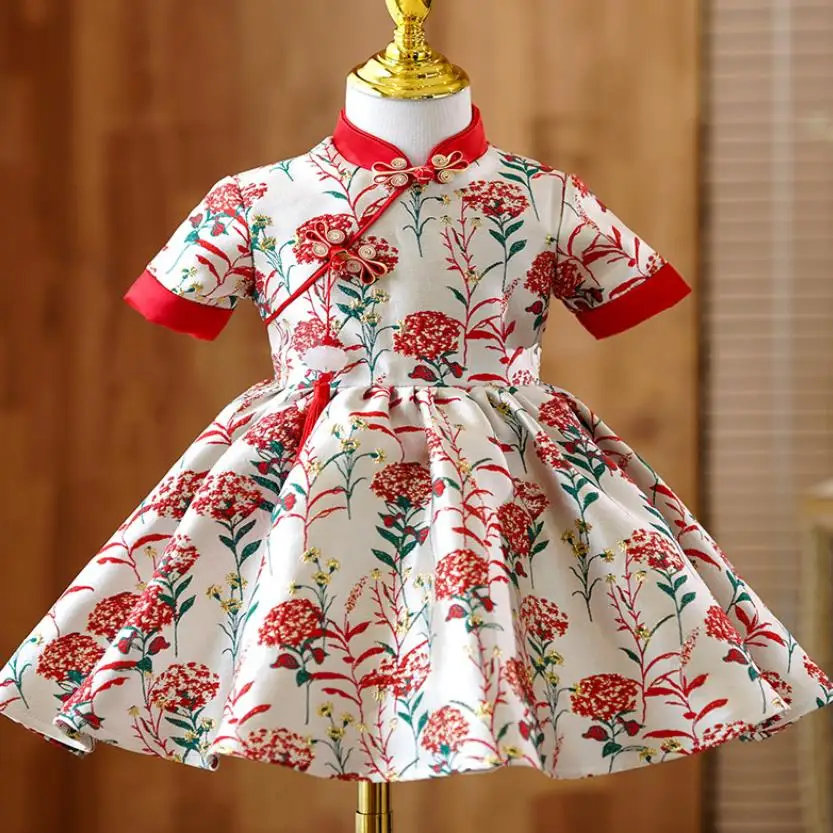 Испанский Лолита Принцесса Бальное Платье Принт Cheongsam Design День Рождения Крестины Одежда Пасхальные платья для девочек A1595