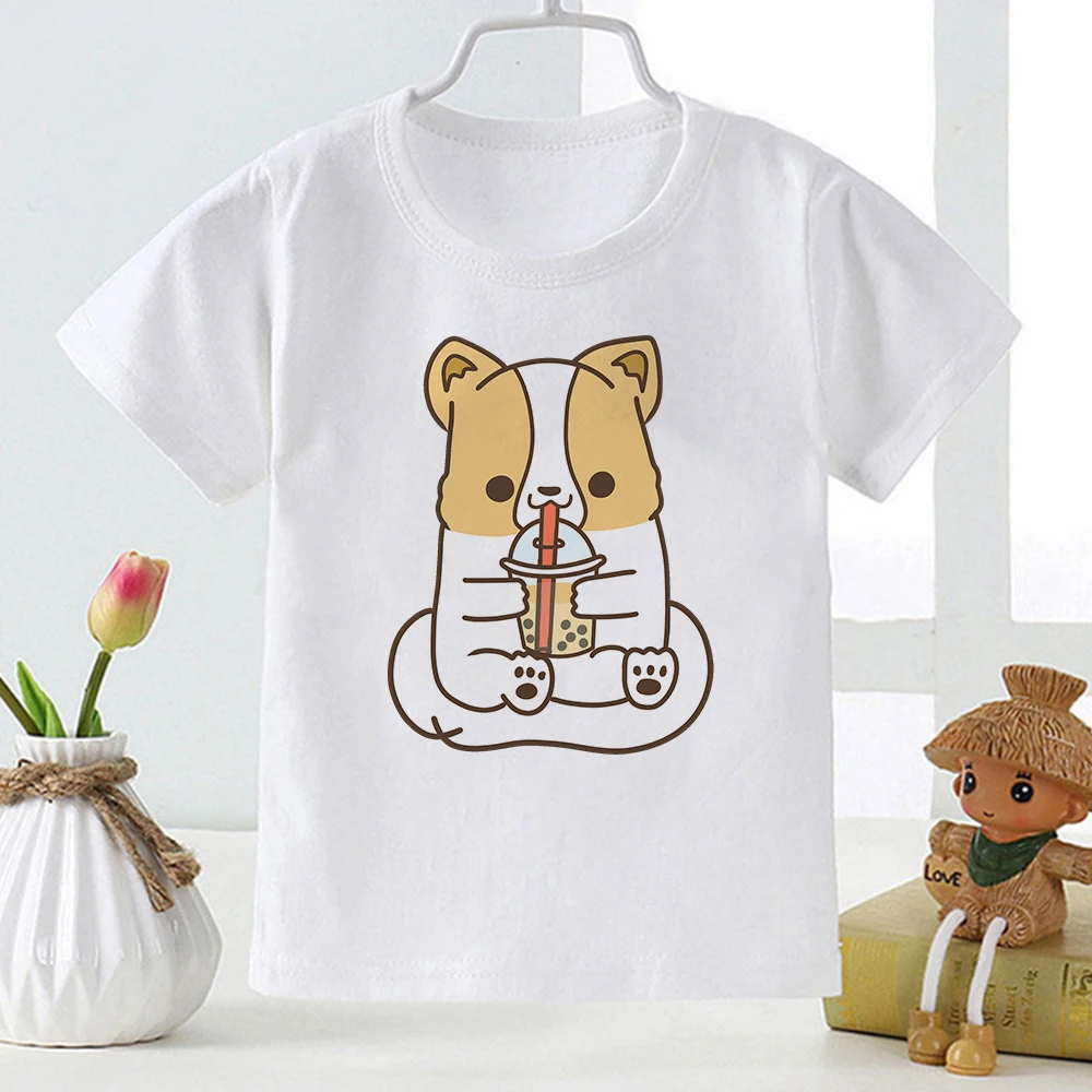 Кавайная кошка с молоком и чаем Детская футболка с принтом Супер милая мультяшная модная футболка Оверсайз Лето Девочка Мальчик Повседневная детская одежда