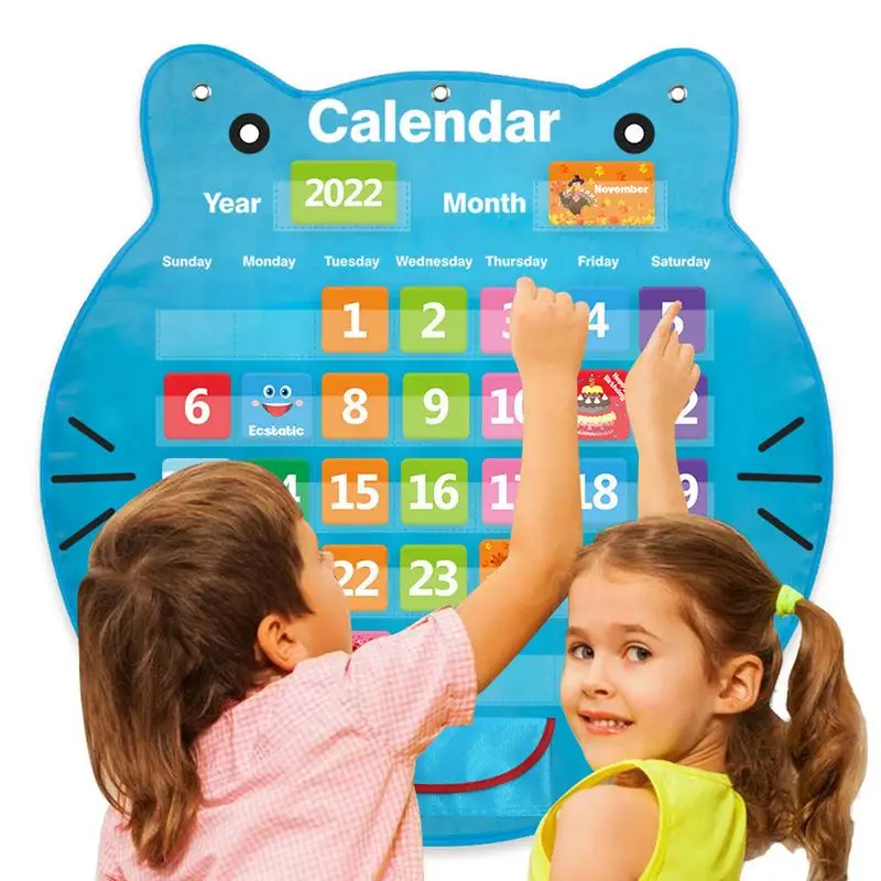 Календарь для классной комнаты Элементарный мультяшный календарь в форме кошки Элементарная карманная диаграмма Подвесные прозрачные печатные школьные принадлежности