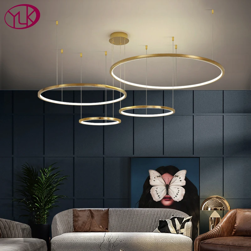  Кольцевой дизайн, современная светодиодная люстра для гостиной, золотой подвесной светильник, роскошный подвесной светильник для домашнего декора с регулируемой яркостью