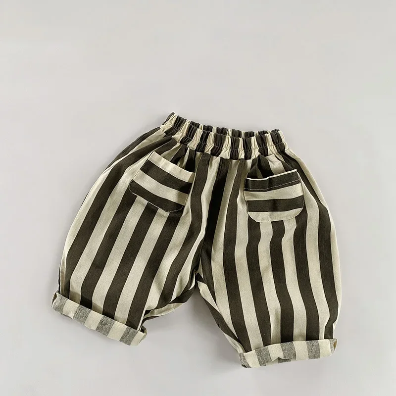  Корейские полосатые брюки для мальчиков и девочек 2024 Осень Новые детские хлопковые повседневные брюки Baby Kids Шаровары с карманами