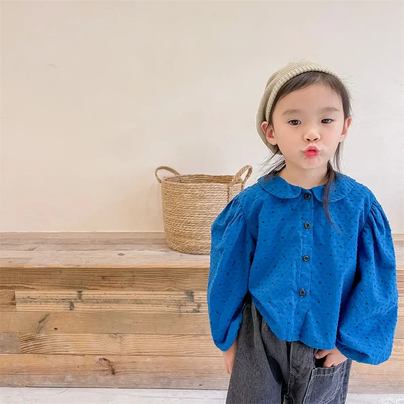 Корейский стиль Осень Девочки Рубашки Бежевый Синий Блузки в горошек Пальто Однобортные кардиганы для малышей Детская верхняя одежда