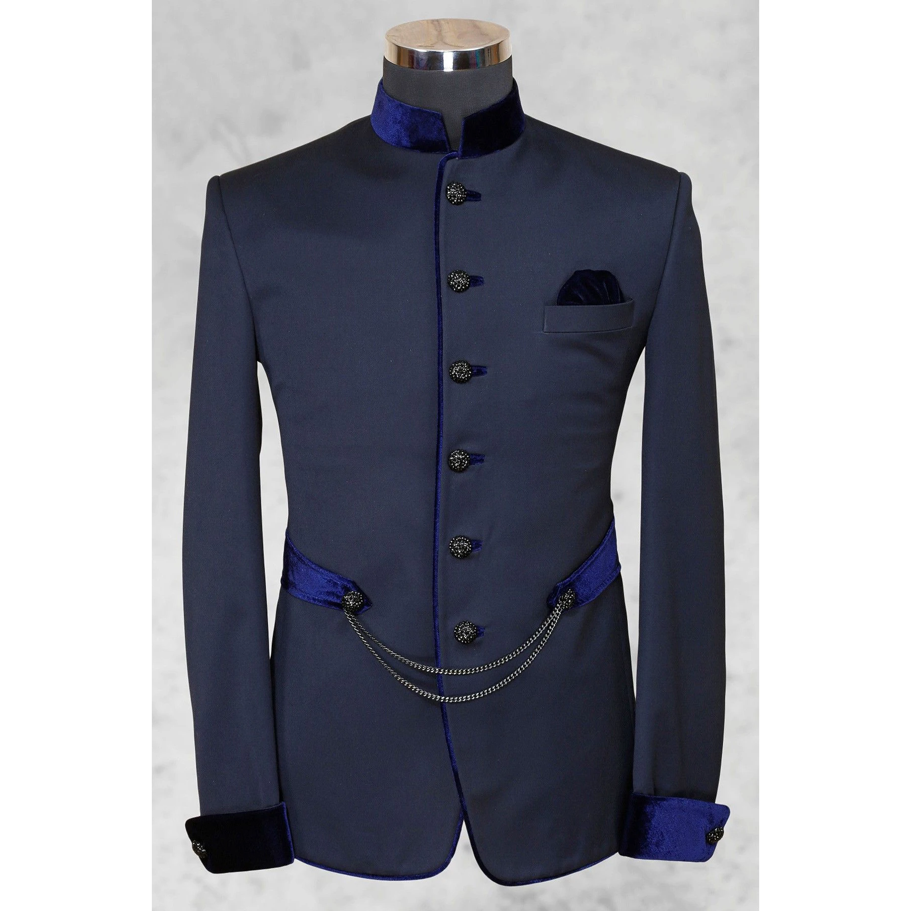 Куртка Цельная однобортная стойка Лацкан Темно-синее пальто Наряды на заказ Обычный приталенный крой Trajes Elegante Para Hombre