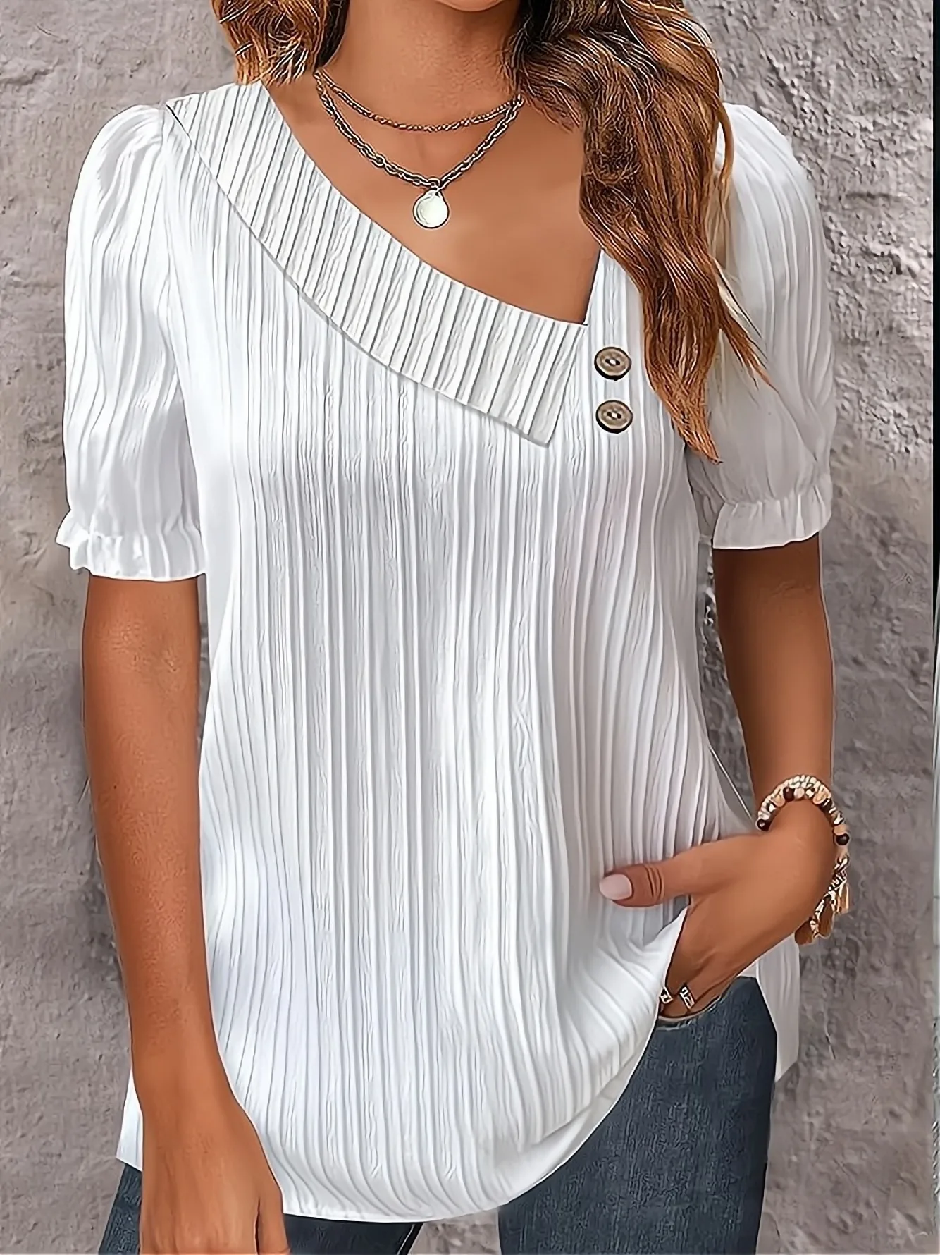 летняя минималистичная рубашка с V-образным вырезом на пуговицах Элегантная женская белая асимметричная модная блузка свободного кроя с короткими рукавами