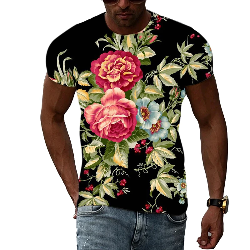 Летняя мужская и женская футболка с принтом 3D Rose, модные и повседневные короткие рукава с круглым вырезом, полиэфирное волокно.