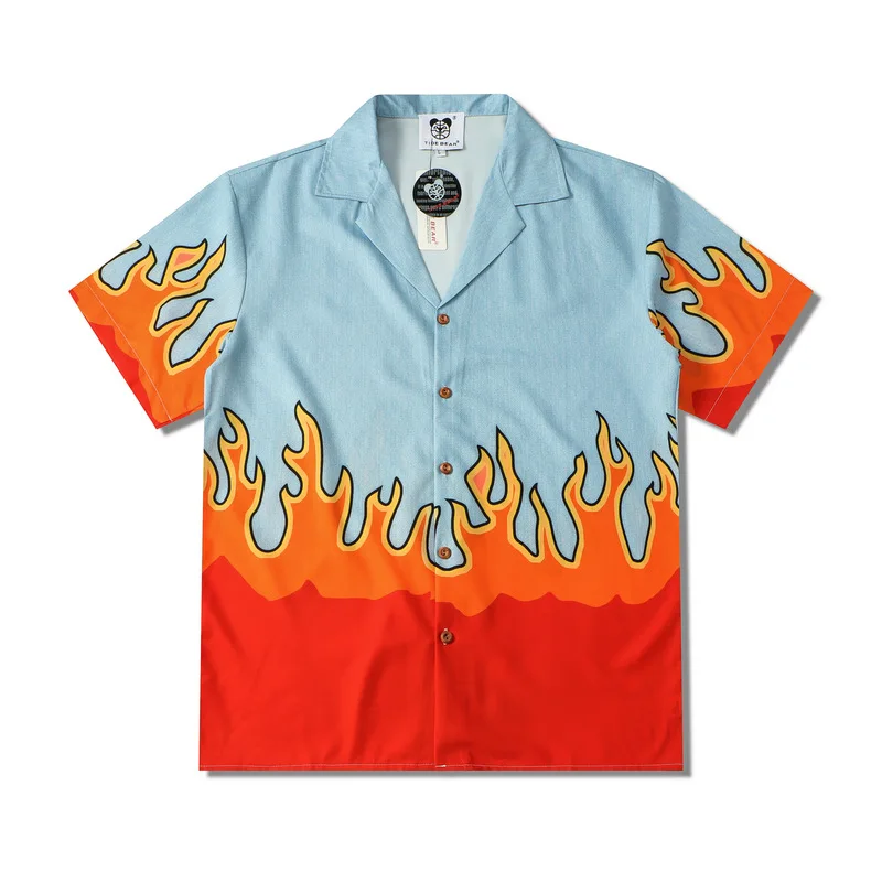 Летняя одежда для пар Новая модная мужская свободная рубашка с коротким рукавом с принтом пламени Винтаж Повседневная мужская гавайская пляжная рубашка