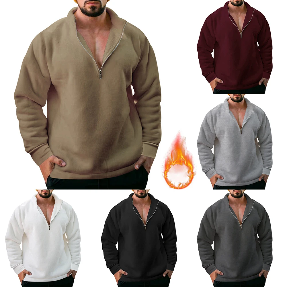 Мужская однотонная толстовка на молнии пуловер с длинным рукавом футболка стойка шея флис теплый джемпер повседневный топ толстовки твердая мужская одежда