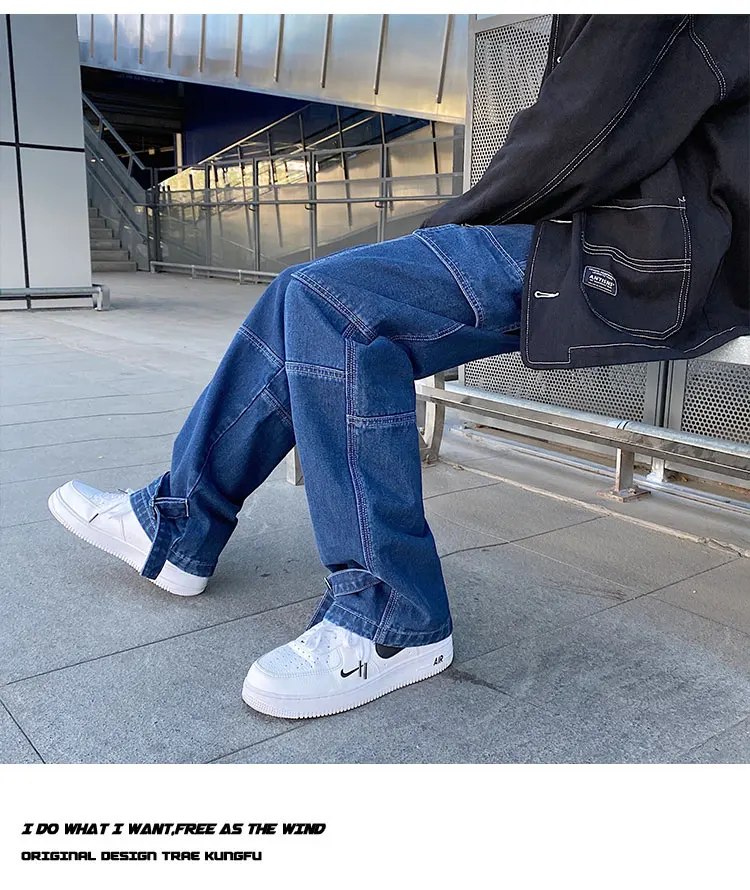 Мужские джинсы Джинсы с широкими штанинами Джинсовые брюки-карго Свободные прямые мешковатые мужские джинсы хип-хоп Уличная одежда Скейтборд Нейтральный деним Брюки