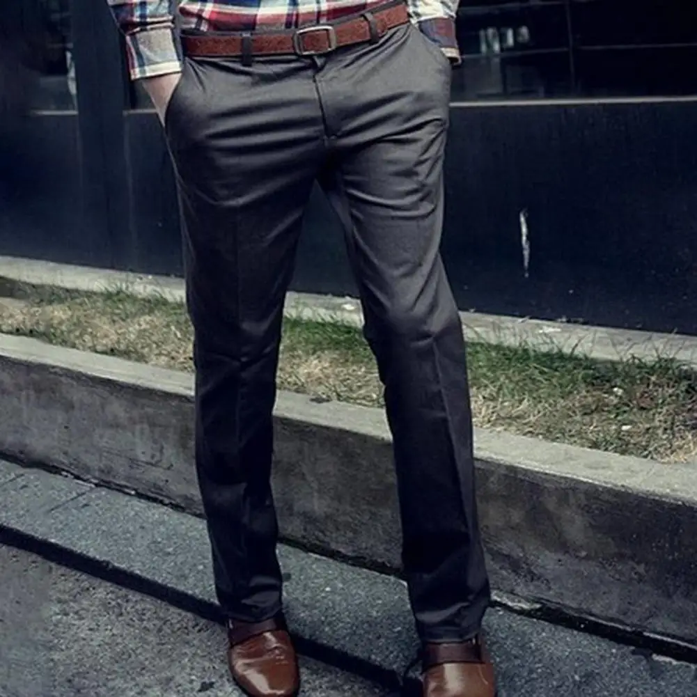 Мужские формальные брюки Стильные мужские приталенные деловые брюки Дышащие мягкие брюки средней талии с карманами Застежка на пуговицы и молнию