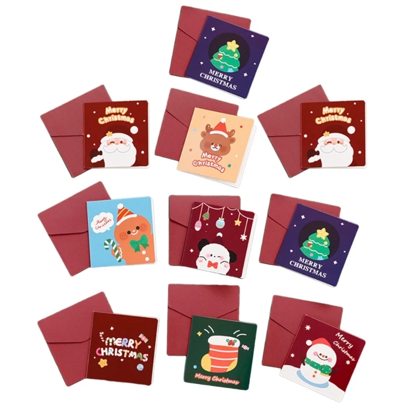 Набор из 10 шт. Красочные мультяшные рождественские бумажные открытки с конвертами Праздничное благословение Поздравительная открытка Пригласительные билеты на вечеринку G5AB