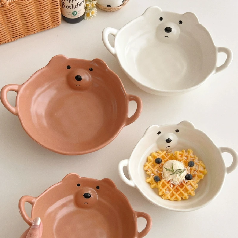 Неправильная керамическая миска Милый маленький медведь и свинья Керамическая посуда Мультяшные хлопья для завтрака Миска для йогурта Бытовая бинауральная миска