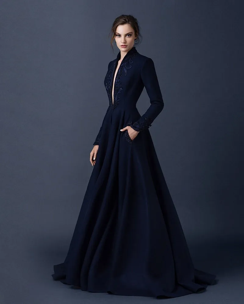 Новая готическая элегантность сексуальное женское платье с длинными рукавами вечернее платье в темно-синих и длинных рукавах из бисера дубайские халаты