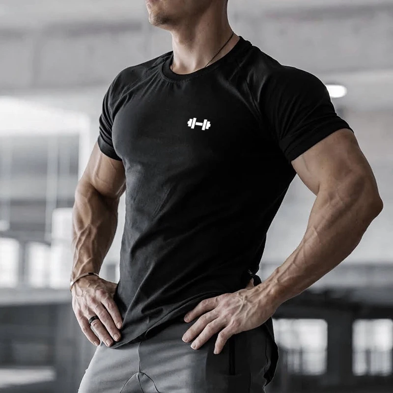 Новая мужская спортивная повседневная футболка Американский бодибилдер Топы для упражнений Отводящий пот Фитнес с короткими рукавами