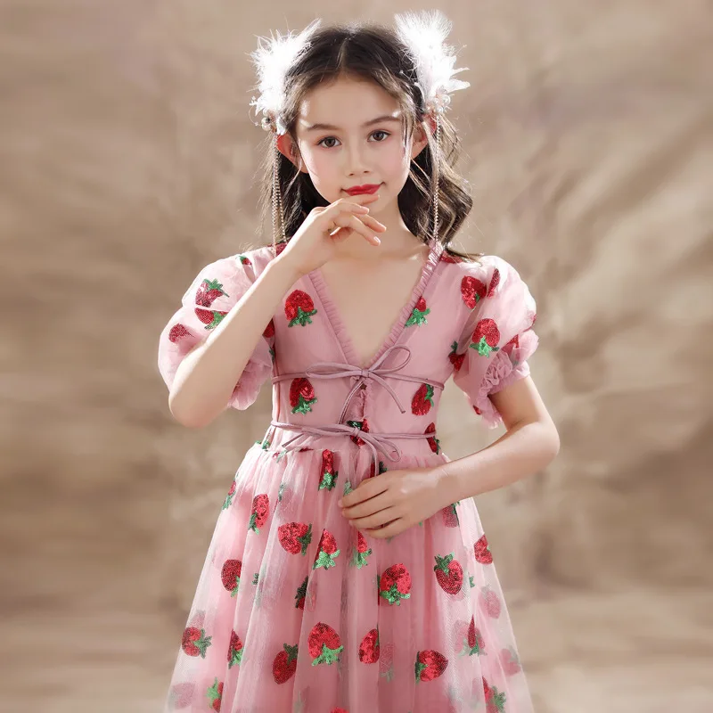 Новое детское платье с пайетками Розовое сетчатое платье для девочек с V-образным вырезом Strawberry Princess Платье с коротким рукавом Длинное платье для детей Подарок на день рождения