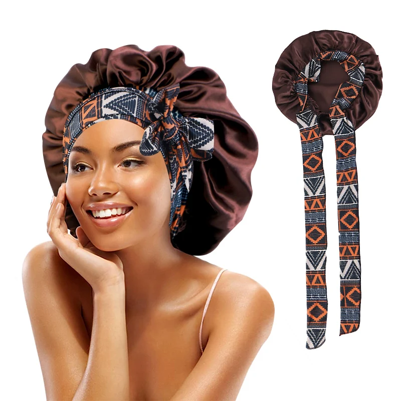  Новые женские атласные африканские шапки для сна с африканским принтом Ночная шапочка для сна для женщин Шапочки для душа Чепчики для волос для сна Регулируемая крышка для головы