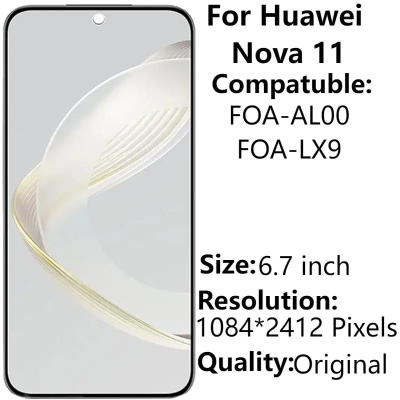 Оригинальный 6,7-дюймовый OLED-дисплей для ЖК-дисплея Huawei Nova 11 FOA-AL00 FOA-LX9 с рамочным сенсорным экраном Дигитайзер в сборе Запасные части