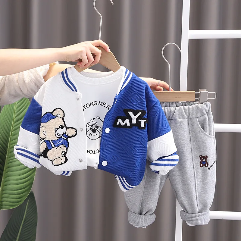 Осенняя одежда для мальчиков Наряды для малышей 2023 Корейский модный кардиган с длинным рукавом + белые футболки + брюки 3 шт. Детская одежда