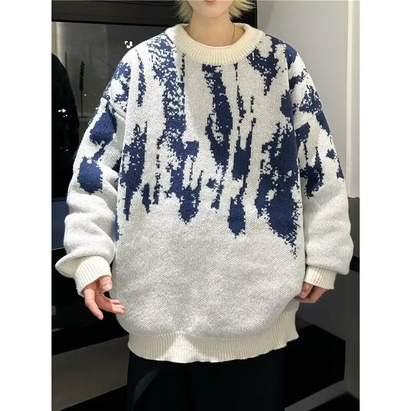осень зима новые вязаные пуловеры мужчины пэчворк с вырезом повседневный трикотаж мужской свободный крой мода уличная одежда оверсайз вязаный свитер