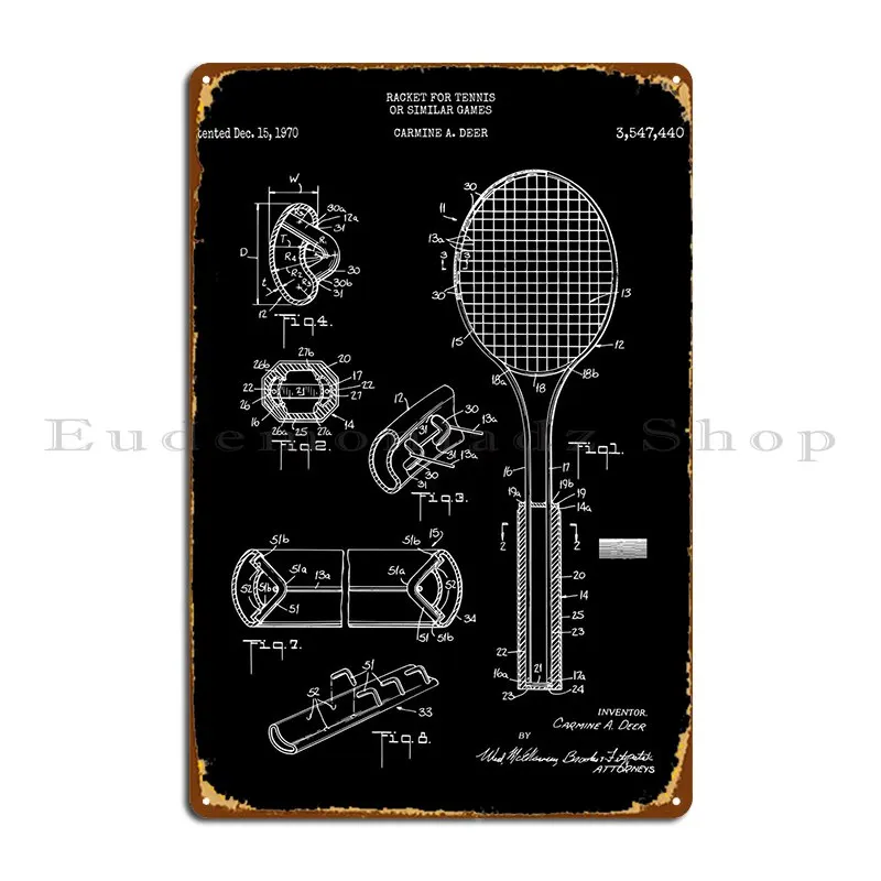  Патент на теннисную ракетку 1970 г. Металлическая табличка Украшение для печати клуба Создать на заказ плакат с жестяным знаком