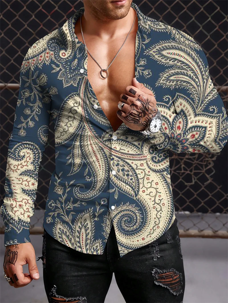 Персонализированный этнический стиль Рубашка с длинными рукавами Тренд Осень Мужская одежда Ретро Лацкан Мужская рубашка с длинными рукавами Пуговицы Большая рубашка